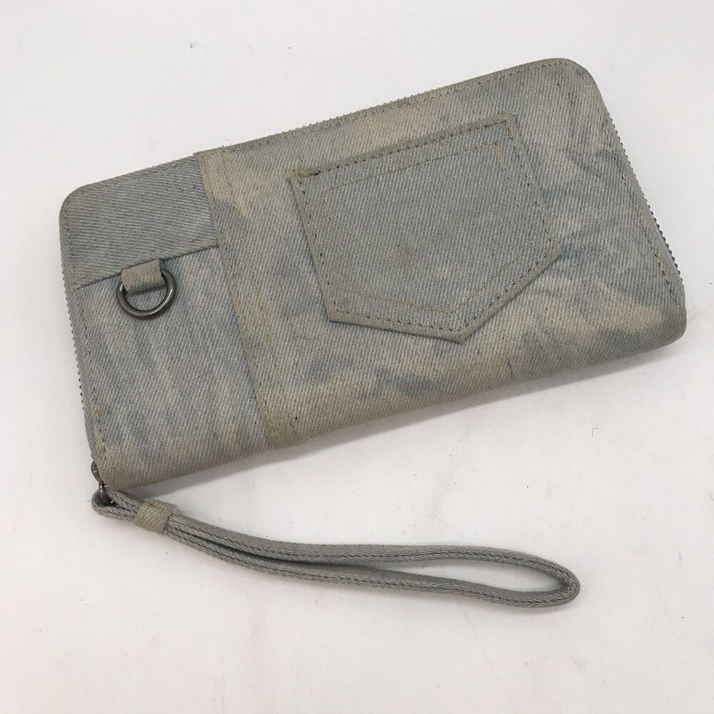 VTG. Yik Gung Blue Jean Y2K Denim Zip Around Wristlet Wallet Travel Organizer - Picture 2 of 9